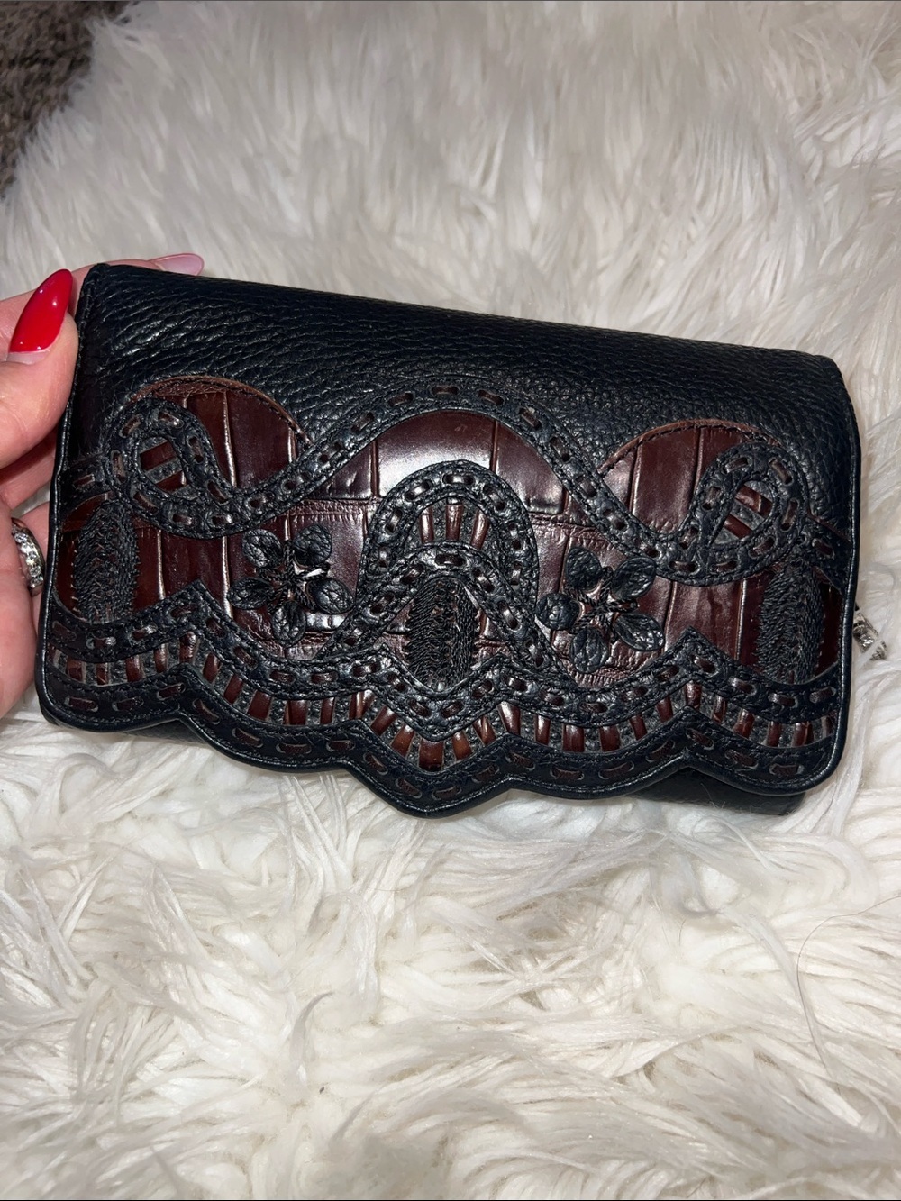 Vintage Black and Brown Leather Floral Appliqué Clutch Wallet-Brighton